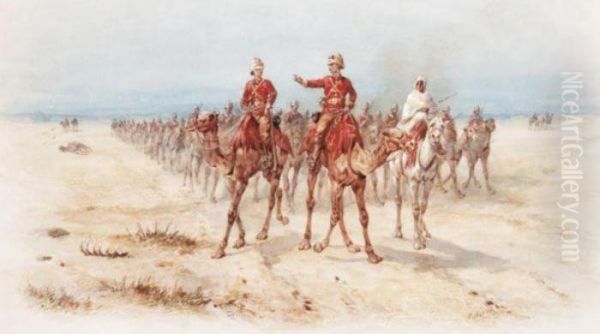 Officers Leading A Column Mounted On Camels Oil Painting by Orlando Norie