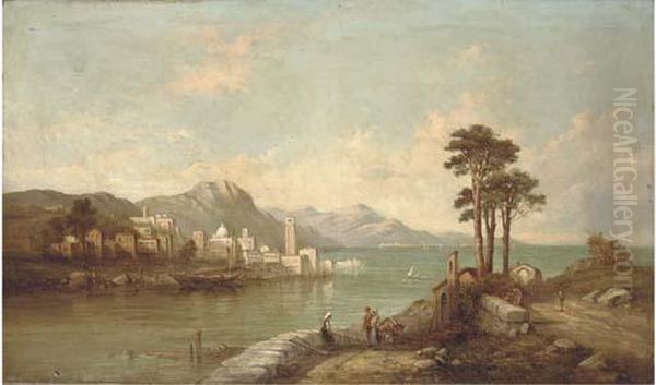 Figures Before An Italianate Lake Oil Painting by Alfred Pollentine