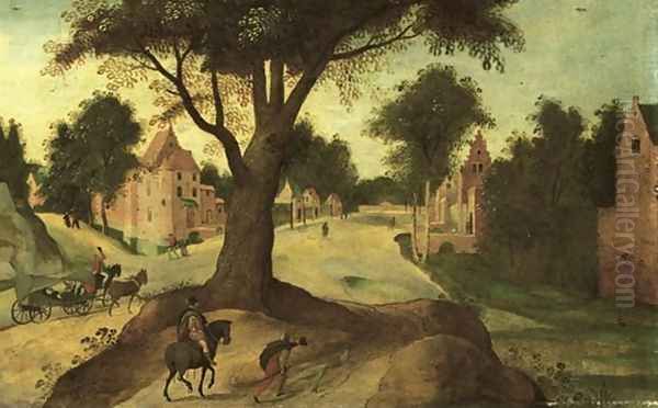 A Wooded Landscape With Travellers Entering A Town 2 Oil Painting by Abel Grimmer