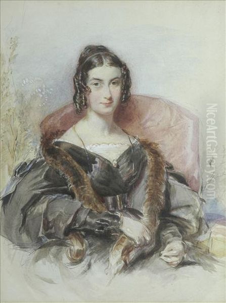 Portraitof A Young Woman, 
Half-length, Her Hair In Ringlets, Seated In Achair, Wearing Fur Trimmed
 Brown Coat Oil Painting by George Richmond