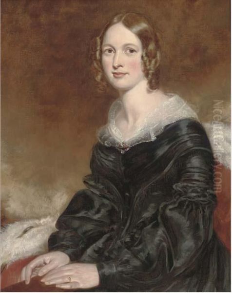 Portrait Of A Lady, Seated Three-quarter-length, In A Black Dresswith Lace Trim Oil Painting by George Richmond