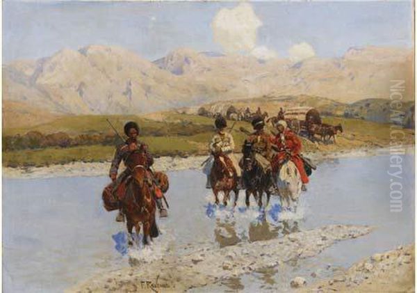 River Crossing Oil Painting by Franz Roubaud