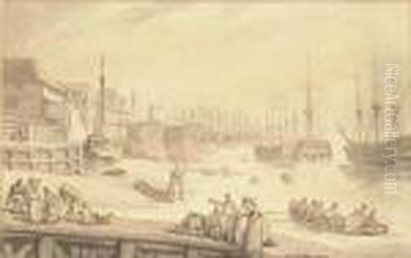 The West India Docks, Blackwall, With Warships Lying On The Stocks Oil Painting by Thomas Rowlandson