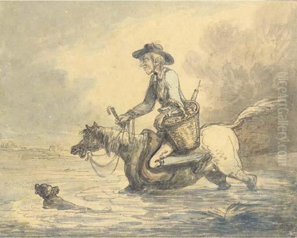 The Quack Crossing A River Oil Painting by Thomas Rowlandson