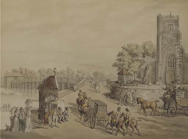 Bustling Activity Before St. Mary's Church With Putney Bridge Beyond Oil Painting by Thomas Rowlandson