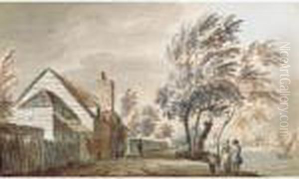 Figures On A Path By Cottages And A River Oil Painting by Paul Sandby