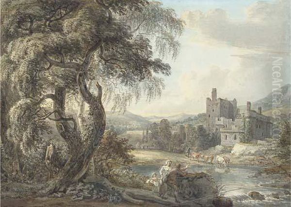 A Wooded River Landscape With Figures And Cattle, A Castle Beyond Oil Painting by Paul Sandby