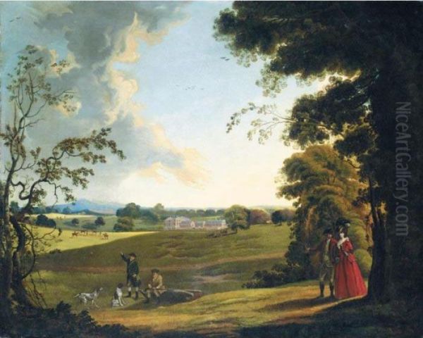 A View Of A Country Estate, 
Traditionally Identified As Waldershare Park, Kent, With An Elegant 
Couple Walking In The Foreground Oil Painting by Paul Sandby