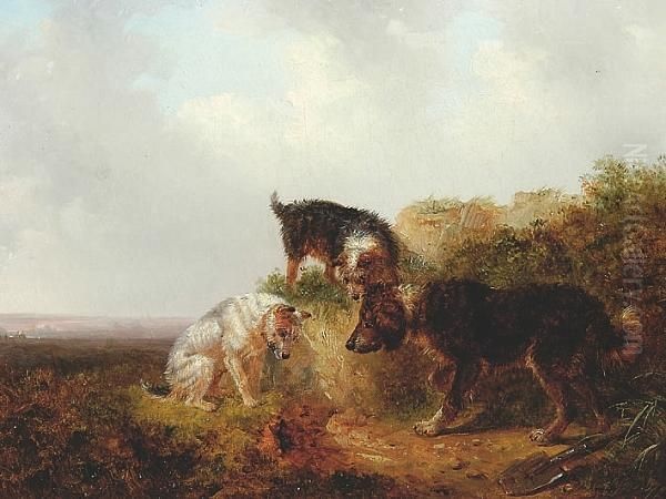 Terriers At A Rabbit Hole Oil Painting by Thomas Smythe