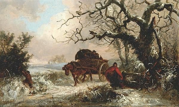 Horse And Cart On A Track In The Snow Oil Painting by Thomas Smythe