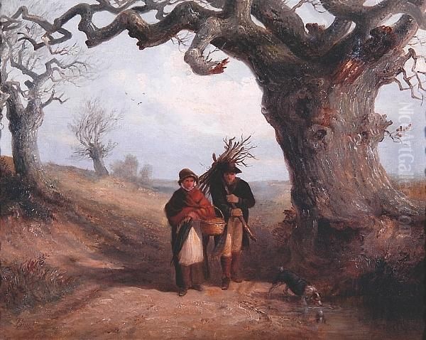 Figures And Dog On A Country Lane Oil Painting by Thomas Smythe