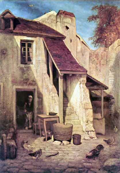 Interieur de cour rustique a Fontainebleau Oil Painting by Alexandre Gabriel Decamps