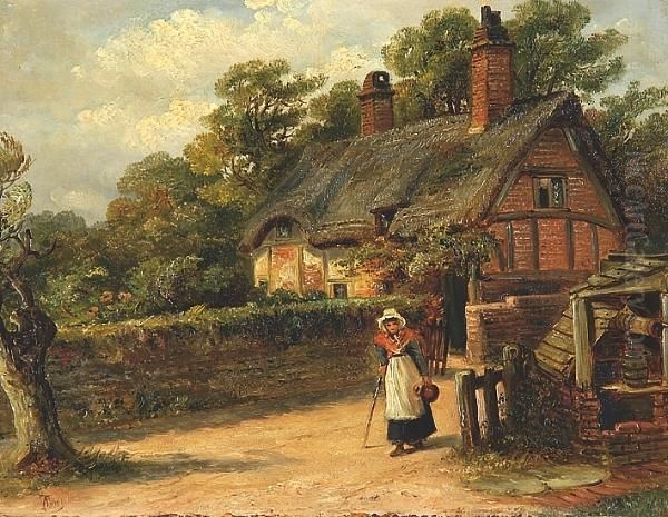 A Lady By A Well Before A Thatched Cottage Oil Painting by Thomas Smythe