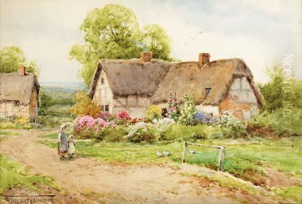 Young Girls Before A Thatched Cottage Oil Painting by Henry John Sylvester Stannard