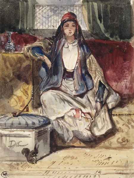 Jeune orientale assise sur un divan fumant dans un interieur avec un ecureuil Oil Painting by Alexandre Gabriel Decamps