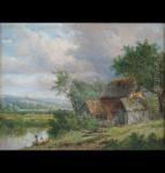 River Landscape Scenes With Figures Fishing Either From A Boat Or The Bank Oil Painting by Joseph Thors