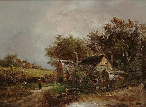 Figures By A Cottage Oil Painting by Joseph Thors