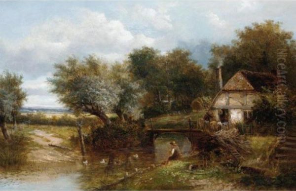 An Angler By A Stream With A Cottage Beyond Oil Painting by Joseph Thors