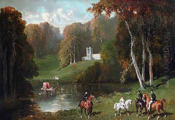 Riders and Amazones at the edge of a lake Oil Painting by Alfred Dedreux