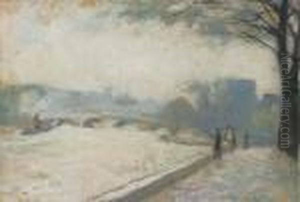 A View On The River Seine, Paris (bridge) Oil Painting by Lesser Ury