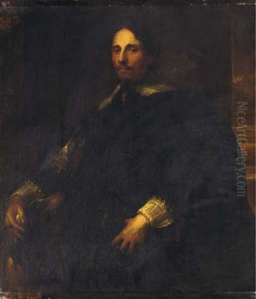 Portrait Of Philippe Le Roy, 
Lord Of Ravels, Half-length, In Blackrobes And Lace Collar And Cuffs, 
With A Hound At His Side Oil Painting by Sir Anthony Van Dyck