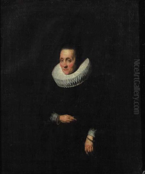 Portrait Of A Lady, Aged 58, 
Small Three Quarter Length, Wearing A Black Dress With Molenkraag And 
Cuffs, Golden Bracelets Oil Painting by Sir Anthony Van Dyck