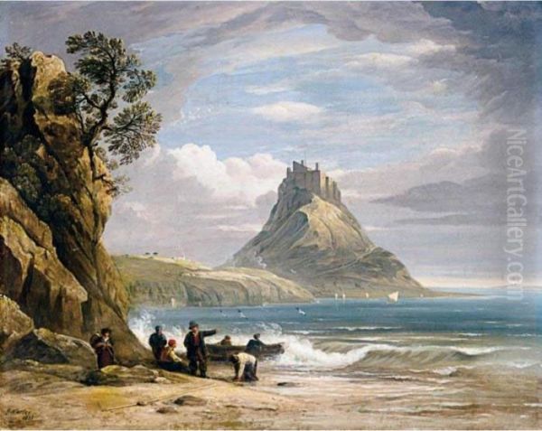 View Of St Michael's Mount With Fishermen In The Foreground Oil Painting by John Varley