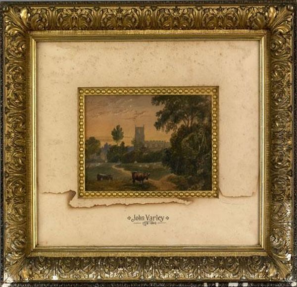 Landscape With Cows In Front Of A Castle Oil Painting by John Varley