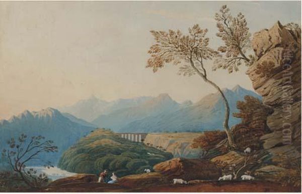 Figures And Sheep Before A Viaduct Oil Painting by John Varley