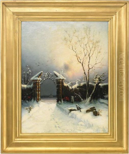 The Gate In Winter Oil Painting by Iulii Iul'evich (Julius) Klever