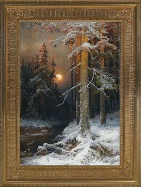 A Moonlit Forest, Winter Oil Painting by Iulii Iul'evich (Julius) Klever