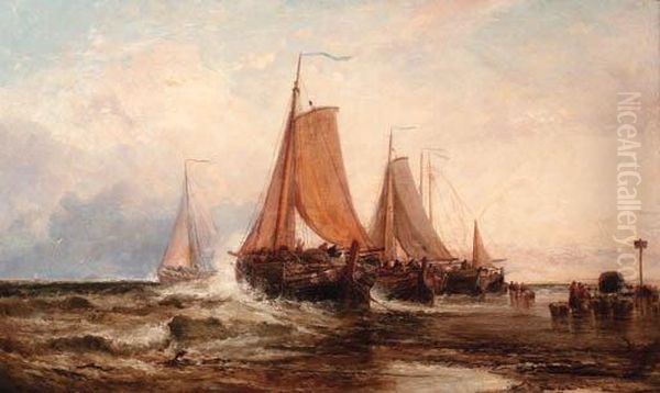 Unloading The Catch At Scheveningen, Holland Oil Painting by James Webb