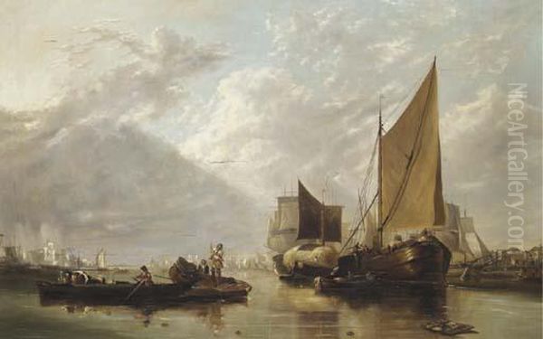 Ships At Anchor In A Dutch Estuary Oil Painting by James Webb