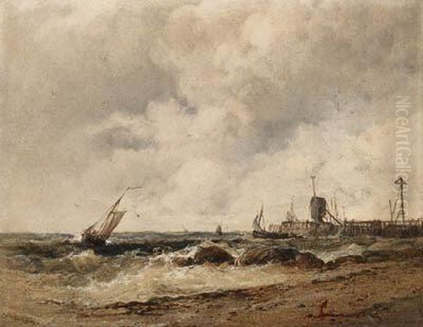 Shipping Off A Pier In Stormy Seas Oil Painting by James Webb