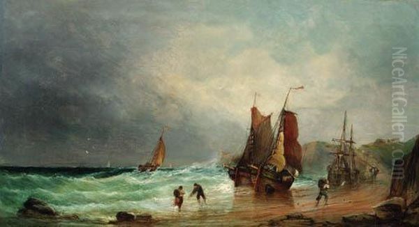 Fishing Boats On A Lee Shore Oil Painting by James Webb