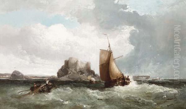 A Coastal Scene With Fishing Boats And A Dinghy, Rough Seas Offshore Oil Painting by James Webb