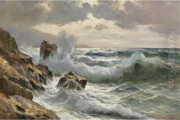 Breaking Waves By Moonlight Oil Painting by Constantin Alexandr. Westchiloff