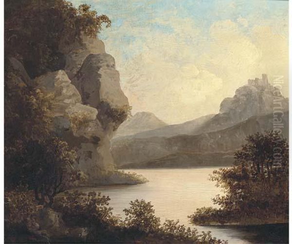 View Of A Lake, With A Castle Beyond Oil Painting by Richard Wilson