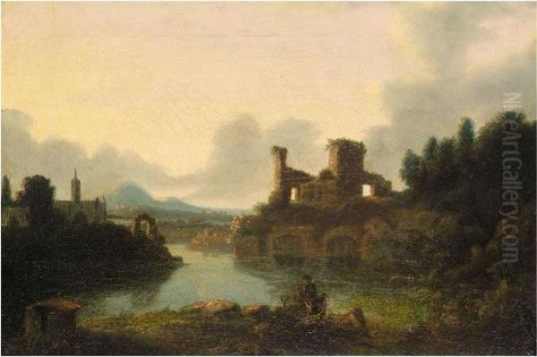 View Of A Lake With Ruins Oil Painting by Richard Wilson