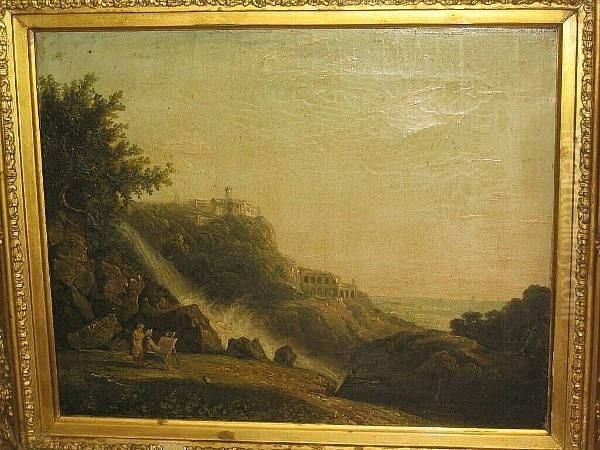 Italianate Landscape With Artist Seated Outdoors Before A Waterfall Oil Painting by Richard Wilson