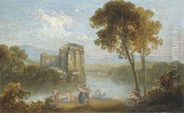 Figures Resting In An Italianate Landscape Oil Painting by Richard Wilson