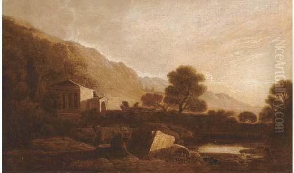 A Temple In An Italianate Landscape Oil Painting by Richard Wilson