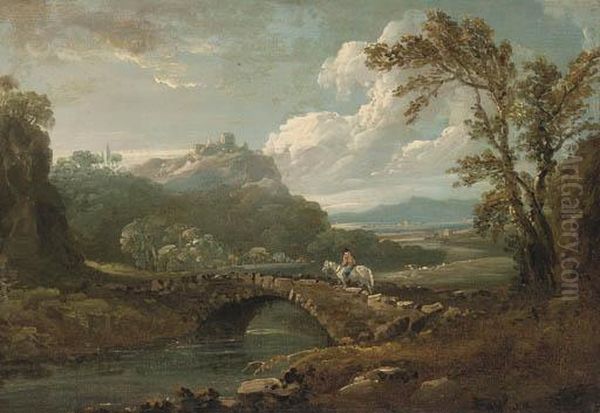 A Horse And Rider On A Stone Bridge Oil Painting by Richard Wilson