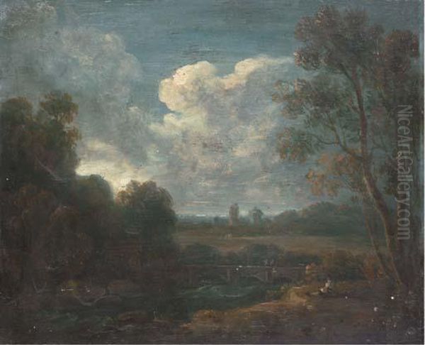 A Figure Resting On A Riverbank With A Town Beyond Oil Painting by Richard Wilson