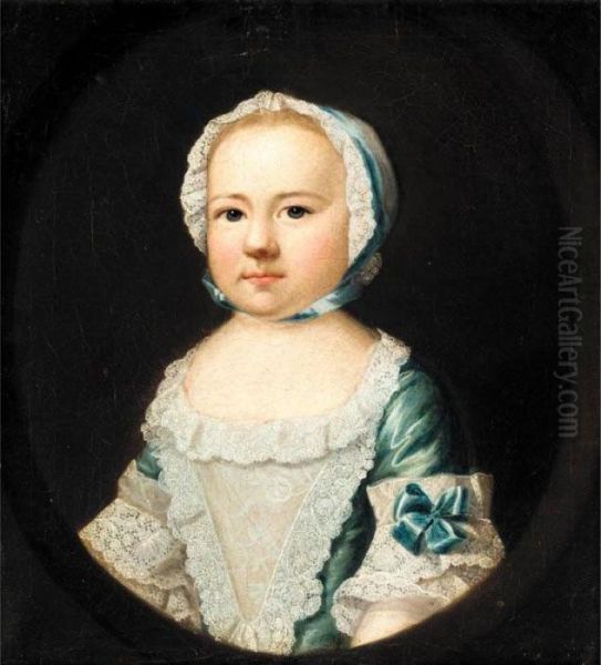 Portrait Of The Hon. Caroline 
Curzon, Daughter Of The 1st Baron Scarsdale, When A Child, Half Length, 
Wearing A Blue Silk Dress And A White Lace Cap Oil Painting by Josepf Wright Of Derby