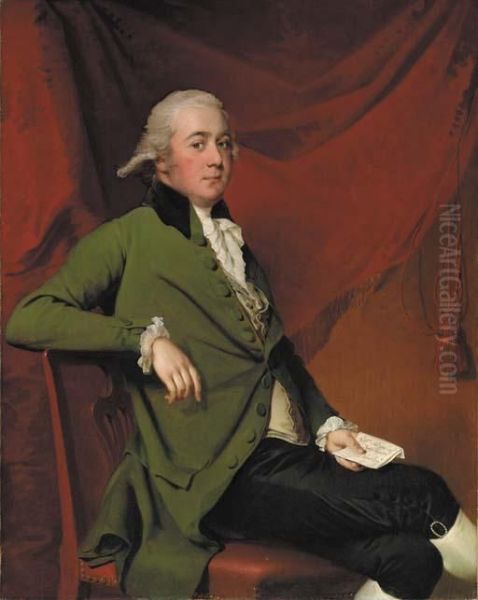 Portrait Of Edward Abney Of King
 Newton, Seated Three-quarter-length, In A Green Coat And Black 
Breeches, Holding A Letter In His Left Hand, Before A Red Curtain Oil Painting by Josepf Wright Of Derby