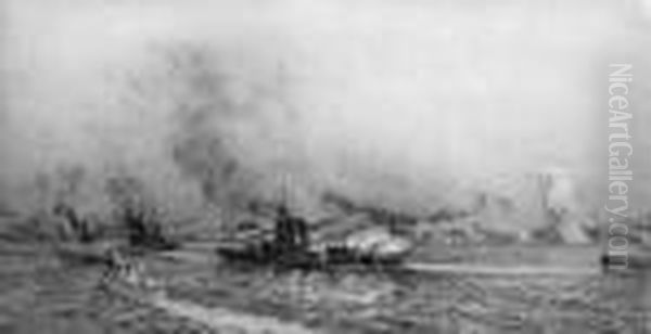 Battle Cruisers In Action At Jutland Oil Painting by William Lionel Wyllie