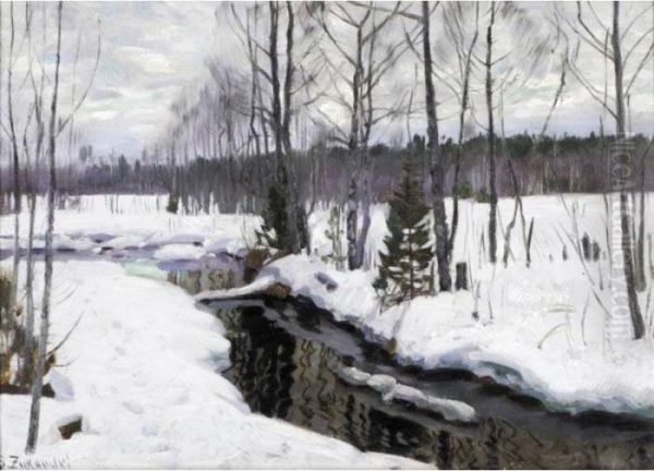 Winter Landscape With Stream Oil Painting by Stanislaw Zukowski