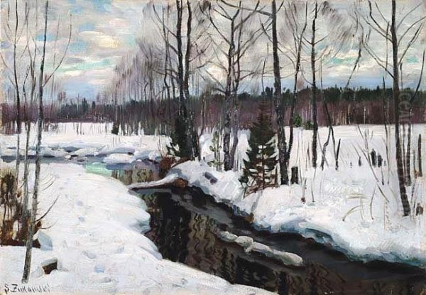 Pejzaz Zimowy Z Potokiem, Lata 20. Xx W. Oil Painting by Stanislaw Zukowski