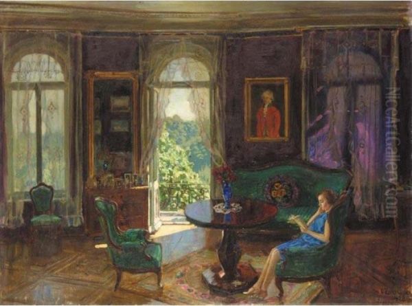 Interior With Lady In Blue Oil Painting by Stanislaw Zukowski